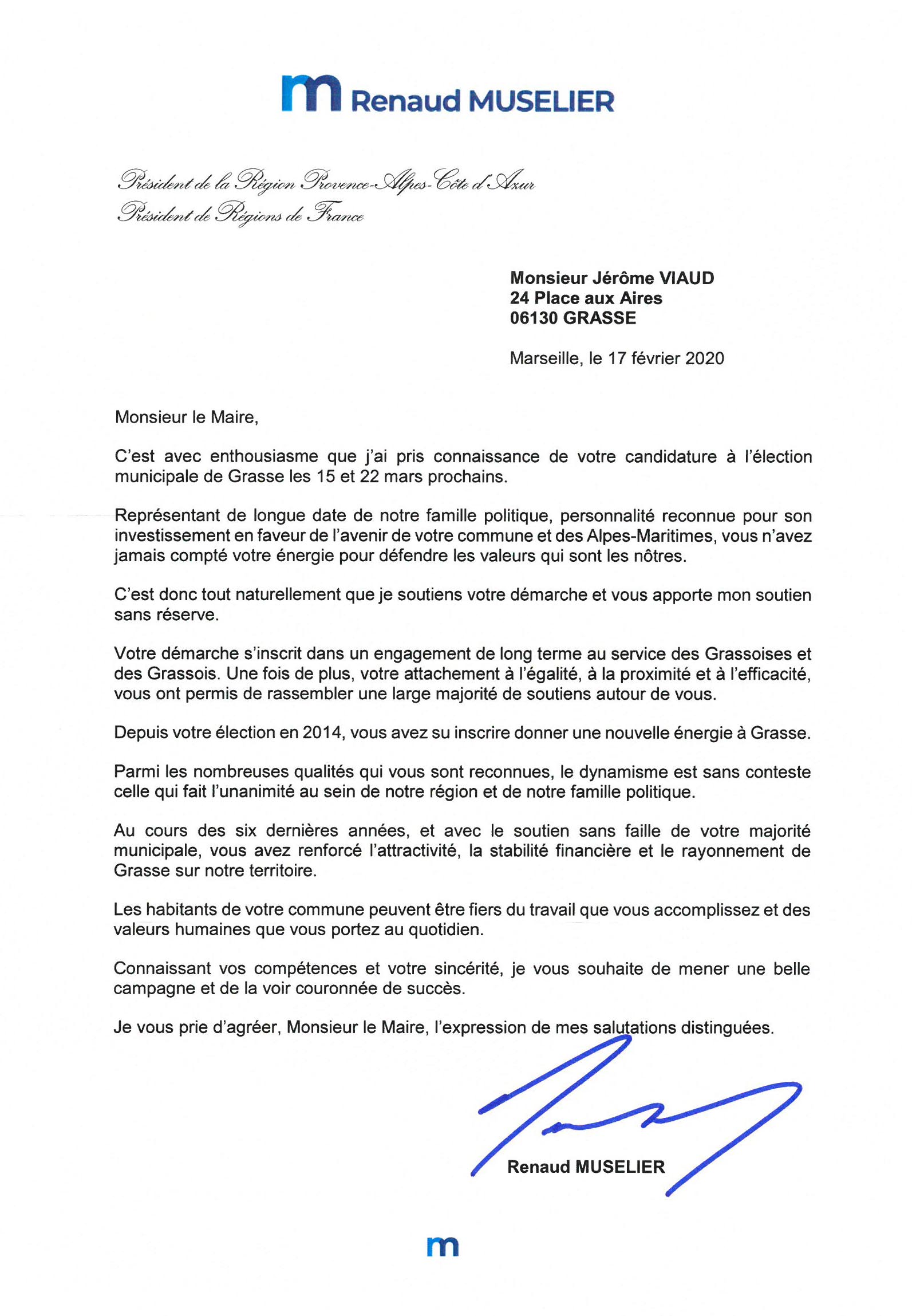 Courrier adressé à M. Jérôme VIAUD Renaud MUSELLIER 17 02 20
